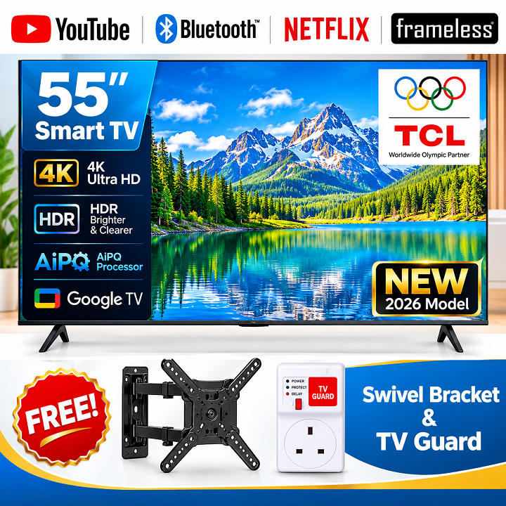 TCL 55 Inch SMART TV 4K ULTRA HD TV 55V6D Google AI TV Dolby Vision Atmos HDR Pro+ Game Accelerator Enhanced Gaming Voice Control NETFLIX YOUTUBE BLUETOOTH INBUILT DECODER+FREE TVGUARD+TILT  BRACKET