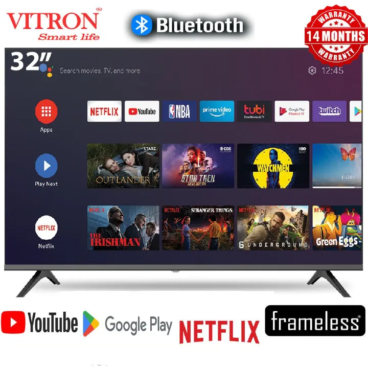 VITRON 32" inch Smart Android TV QLED TV HTC3288QS FRAMELESS BLUETOOTH VITRON32" Inch Television Inbuilt Decoder HDMI USB Ports 1GB RAM 8GB ROM Netflix YouTube App store ICAST VITRON TV+ 4 FREE GIFTS