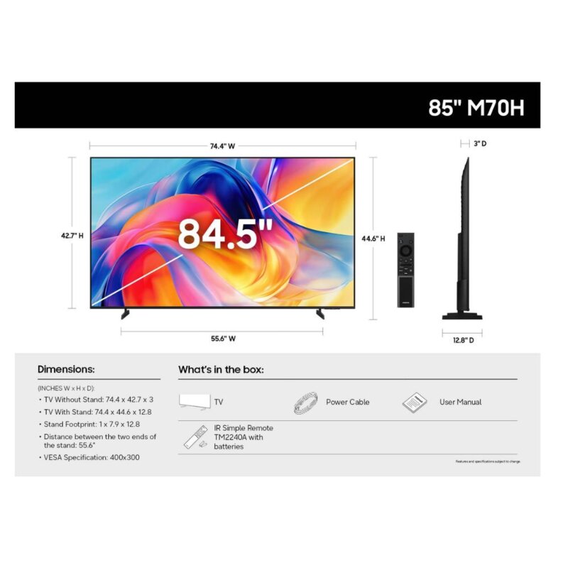 Samsung 85 Inch Mini LED 4K TV M70H UA85M70HAUXKE