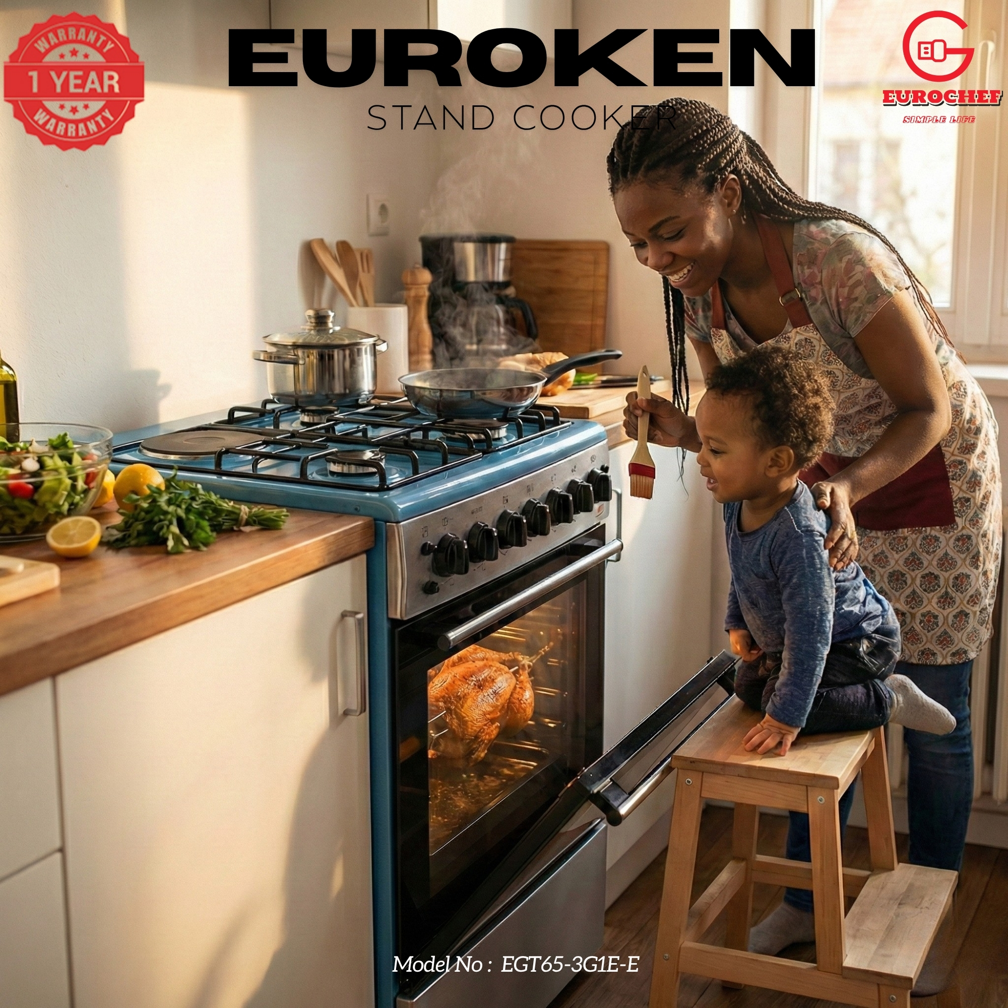 【LIMITED OFFER】 EUROCHEF 60X65 EGT65-3G1E-E Home Improvement 67l  Free Standing Gas Cooker  3 Gas +1 Hotplate Kitchen Appliance With Electric Oven