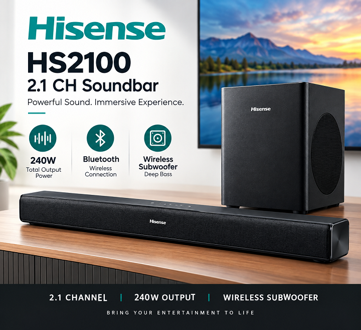 Hisense Soundbar HS2100 Deep Bass-240W Dolby Digital Audio Home Cinema Sound bar 240 Watts 2.1 Channel HisenseHS2100  Home Theater Hisense Sound bar HS2100 System Audio System 2.1CH wireless subwoofer