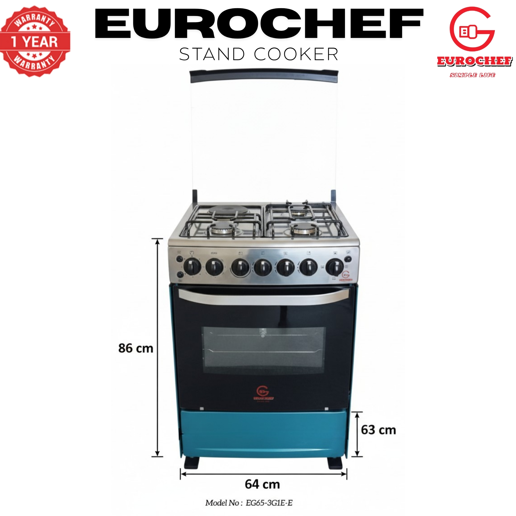 【LIMITED OFFER】 EUROCHEF 60X65 EGT65-3G1E-E Home Improvement 67l  Free Standing Gas Cooker  3 Gas +1 Hotplate Kitchen Appliance With Electric Oven