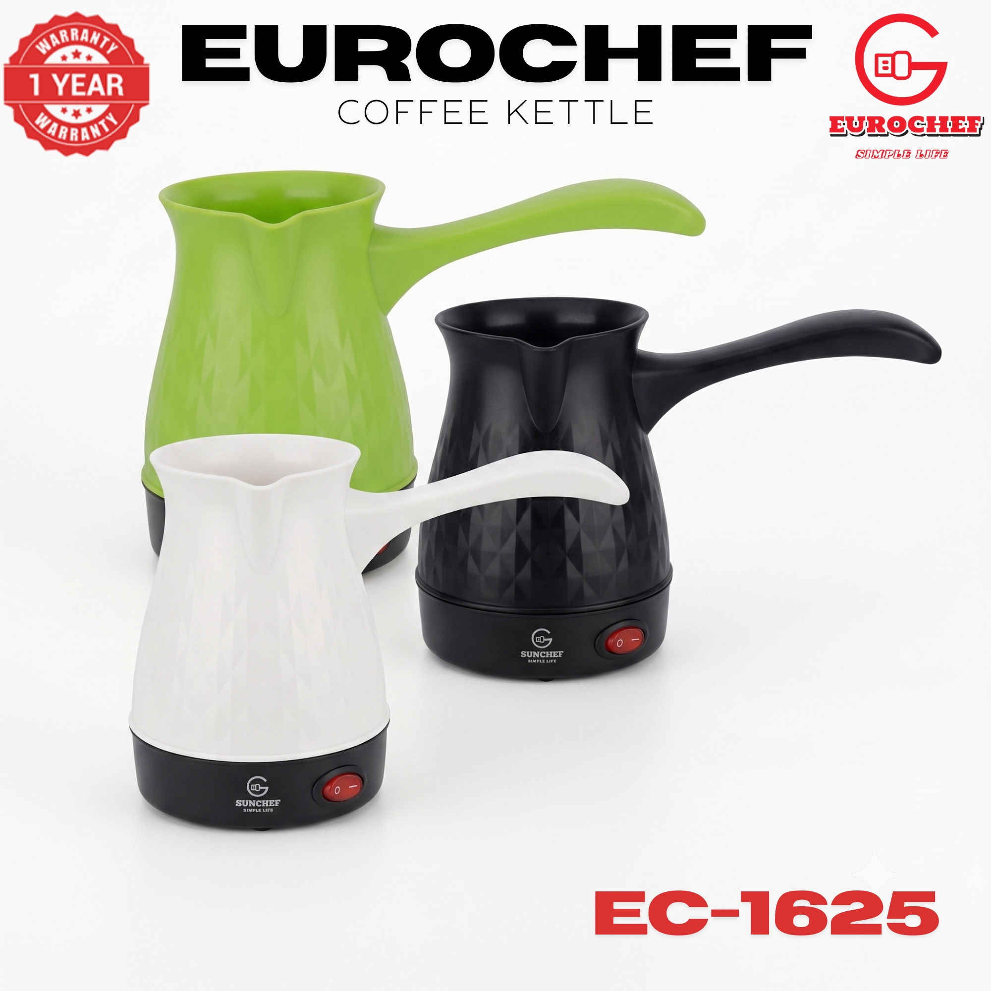 【 3 PIECES 】Eurochef  EC-1625  Electric Turkish Coffee Maker - Cordless Kettle, BPA-Free, 0.5L (500ml), 600W - BLACK WHITE GREEN