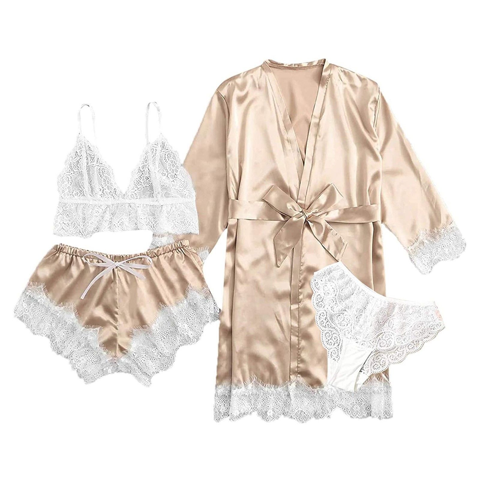 4PCS Lace Stitching Satin Women Pajama Set, Long Sleeve Robe With Belt & Floral Lace Cami Top & Panties & Shorts, women‘s night dressWomen's Sleepwear women clothes