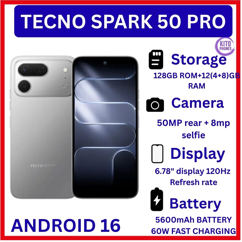 [BRAND NEW] Tecno Spark 50 Pro,6.78-inch'50MP f/1.8 PDAF + 8MP f/2.0 selfie 4GB RAM +128GB ROM,Battery: 5600mAh'OS: Android 16, HiOS 16'MediaTek Helio G100+12 MONTHS FREE WARRANTY PHONE SMARTPHONE
