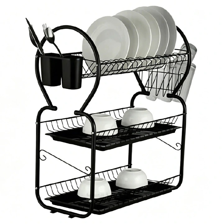 Stainless Steel Black Dish Rack – Rashnik 2-Layer Rust-Resistant Dish Drainer with Removable Drip Tray & Cutlery Holder – Space-Saving Kitchen Organizer for Plates, Cups & Utensils