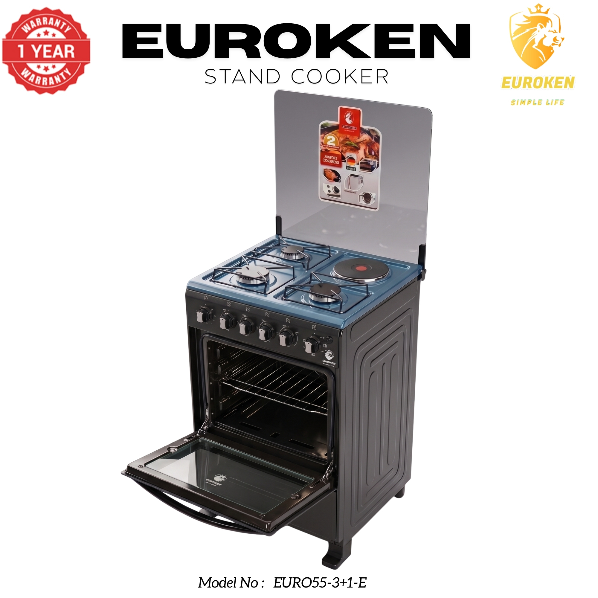 【LIMITED OFFER】 Euroken Euro55-3G1E-E  50L Home Improvement   Free Standing  Gas Cooker 3 GAS +1 Hot plate Kitchen Appliance with electric oven - 50X55CM