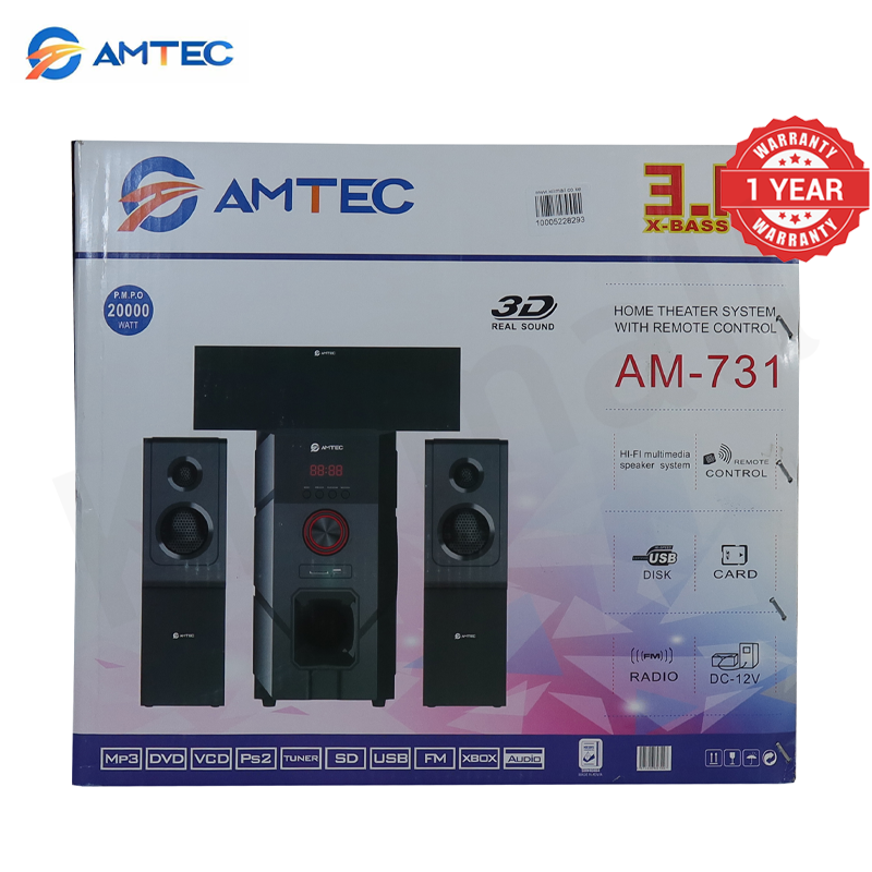 Amtec AM-731 3.1CH Sub Woofer Bluetooth Home Theater Speaker System 60W RMS 20000W PMPO AC/DC Dual Power,Bluetooth FM USB SD AUX