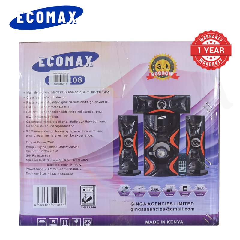 ECOMAX 3.1CH Bluetooth LM-1108 Woofer Home Theater System Speaker Systems Subwoofer USB/SD/FM Home Audio System with Remote Control 20000W