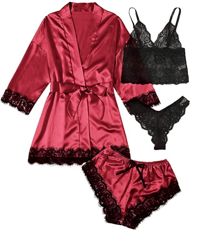 4PCS Lace Stitching Satin Women Pajama Set, Long Sleeve Robe With Belt & Floral Lace Cami Top & Panties & Shorts, women‘s night dressWomen's Sleepwear women clothes
