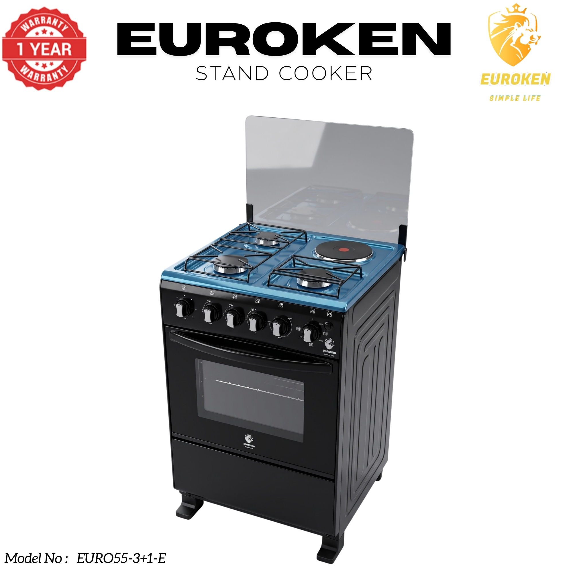 【LIMITED OFFER】 Euroken Euro55-3G1E-E  50L Home Improvement   Free Standing  Gas Cooker 3 GAS +1 Hot plate Kitchen Appliance with electric oven - 50X55CM