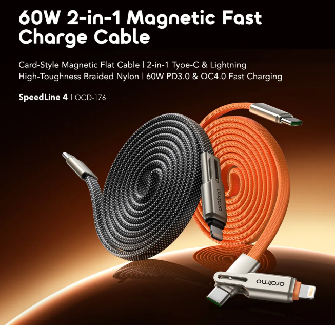 oraimo SpeedLine 4 Magnetic 2-IN-1 60W Fast Charge Cable  480Mbps High-Speed Multi-Device Fast Charge : Type-C/Lightning; C TO Iphone Data Cable OR C TO C Cable