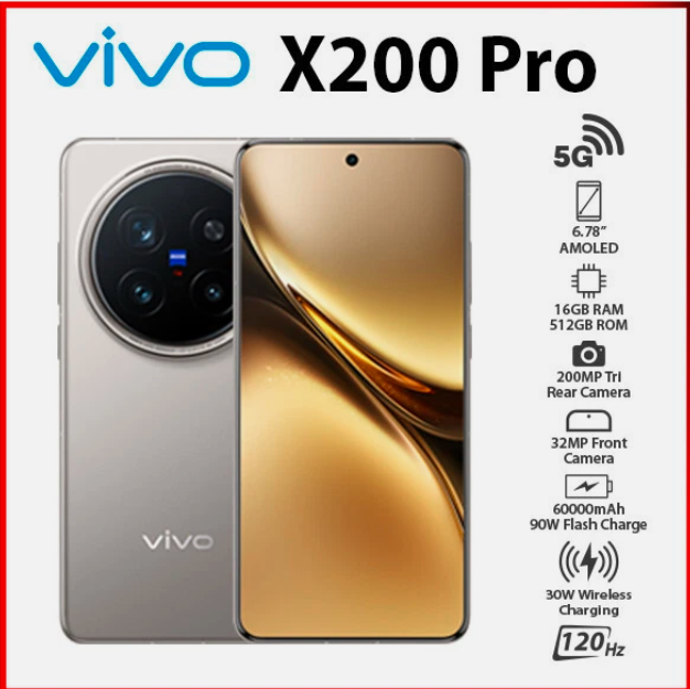 Refurbished Phone Vivo X200 Pro  5G (16GB RAM / 512GB Storage)， 6.78-inch 120Hz AMOLED display, a MediaTek Dimensity 9400 processor, a 6000mAh，