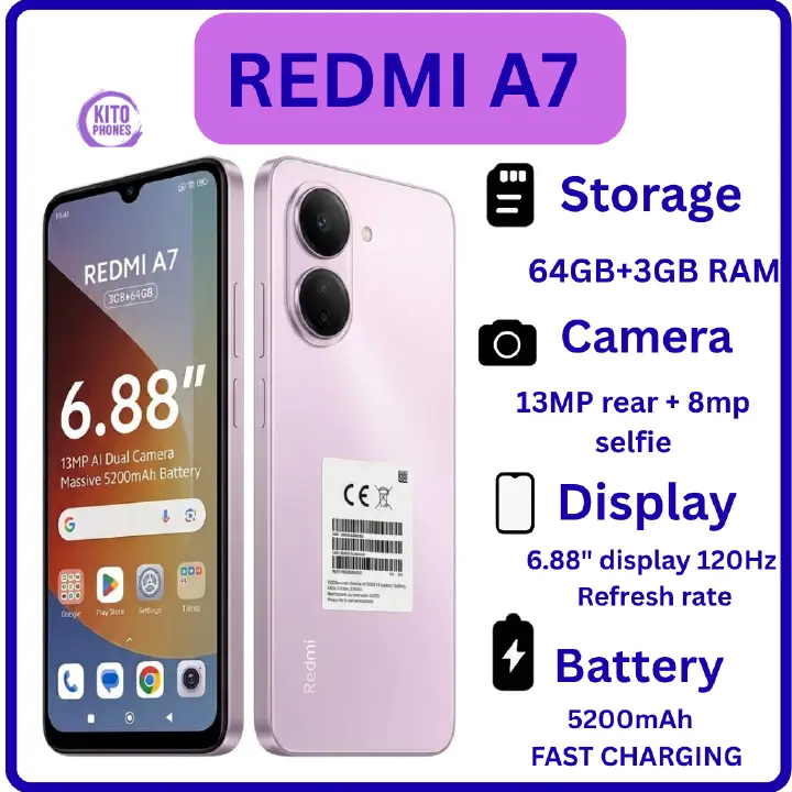 REDMI A7, 64GB ROM + 3GB RAM STORAGE, 6.88" SCREEN SIZE 13MP CAMERA 5200mAh BATTERY, ANDROID 16, IPS LCD, 120Hz, Unisoc T7250, SIDE MOUNTED FINGERPRINT SMARTPHONE