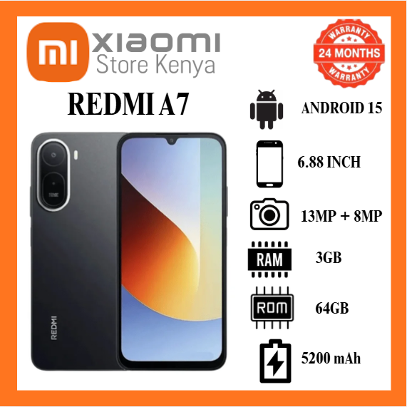 [New Arrival] Xiaomi Redmi A7 64GB + 3GB 6.88 Inch 120Hz LCD Display (13+8)MP Camera 5200mAh Battery 15W Charge Dual Sim Android 15 Side Fingerprint Smartphone