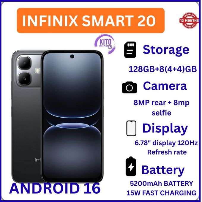 [NEW ARRIVAL] INFINIX Smart 20 128GB+4GB 6.67" 120Hz Display Dual Speakers Dual SIM 4.5G Slim Phone 5200mAh Battery 15W Charging IP64 Fingerprint Lock Android 16 SMARTPHONE