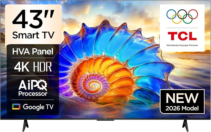 TCL 43V6D 43" Inch 4K UHD Smart Google AI TV Direct LED Android Television with HDR10 Display, Built-In WiFi, Bluetooth, Netflix, YouTube, Dolby Audio+FREE 6 ACCESSORIES
