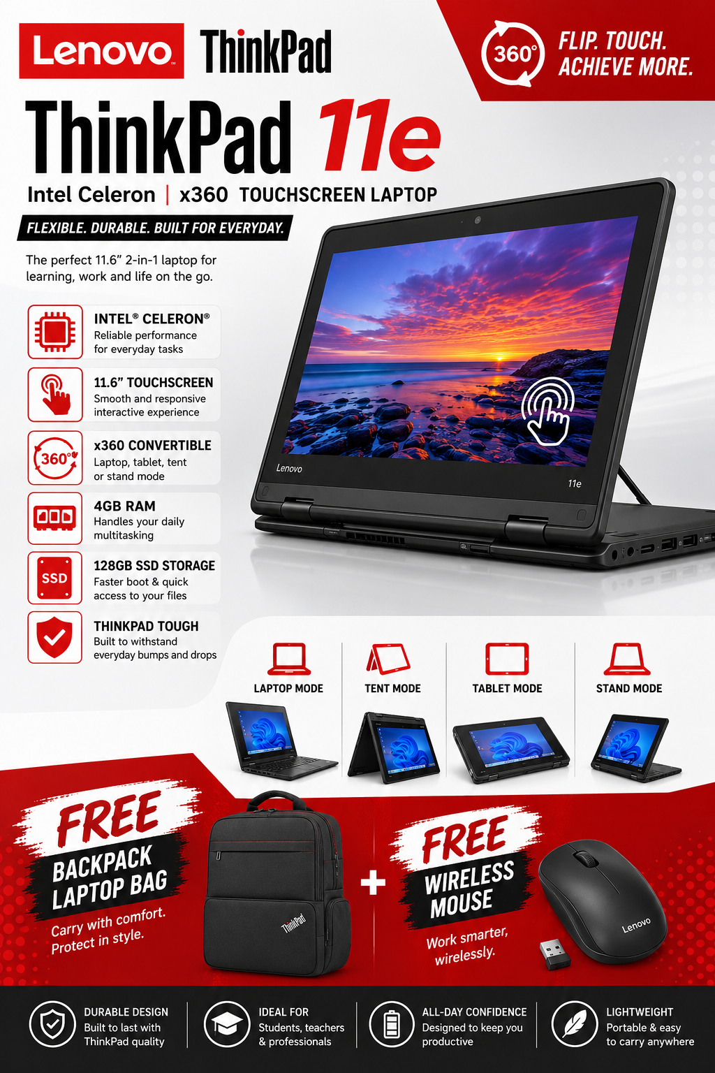 (GET FREE LAPTOP BAG + FREE MOUSE!!) Lenovo Refurbished ThinkPad Yoga 11e X360 Intel Celeron 4GB RAM 128GB SSD 11.6" Webcam Bluetooth, HDMI WIFI With Windows 11 PRO Activated, Office 2021 Pro.