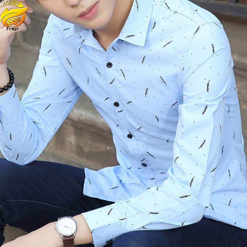 Freyr Men’s Clothes Shirts Slim Long Sleeve Shirts business shirt Boys Feather Printed Classic square collar simple shirts Students Clothes