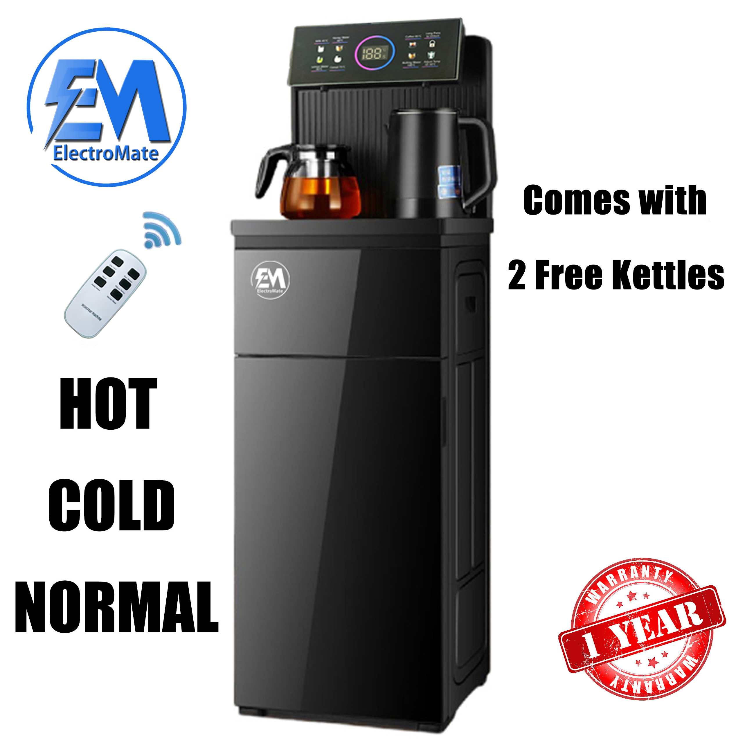 EM Bottom load Water Dispenser with Hot and Cold and Normal Water + Coffee Maker – Standing Design with Storage Cabinet, Perfect for Home or Office Use Black water dispenser  ElectroMate WD08