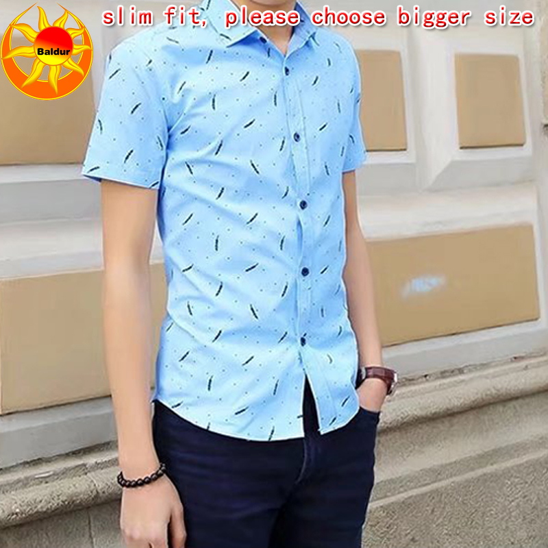 Baldur Blue and white are visible Men's Clothes Short sleeve slim fit Shirts Feather Printed Shirts Youth business casual shirt boys Classic square neck Shirts