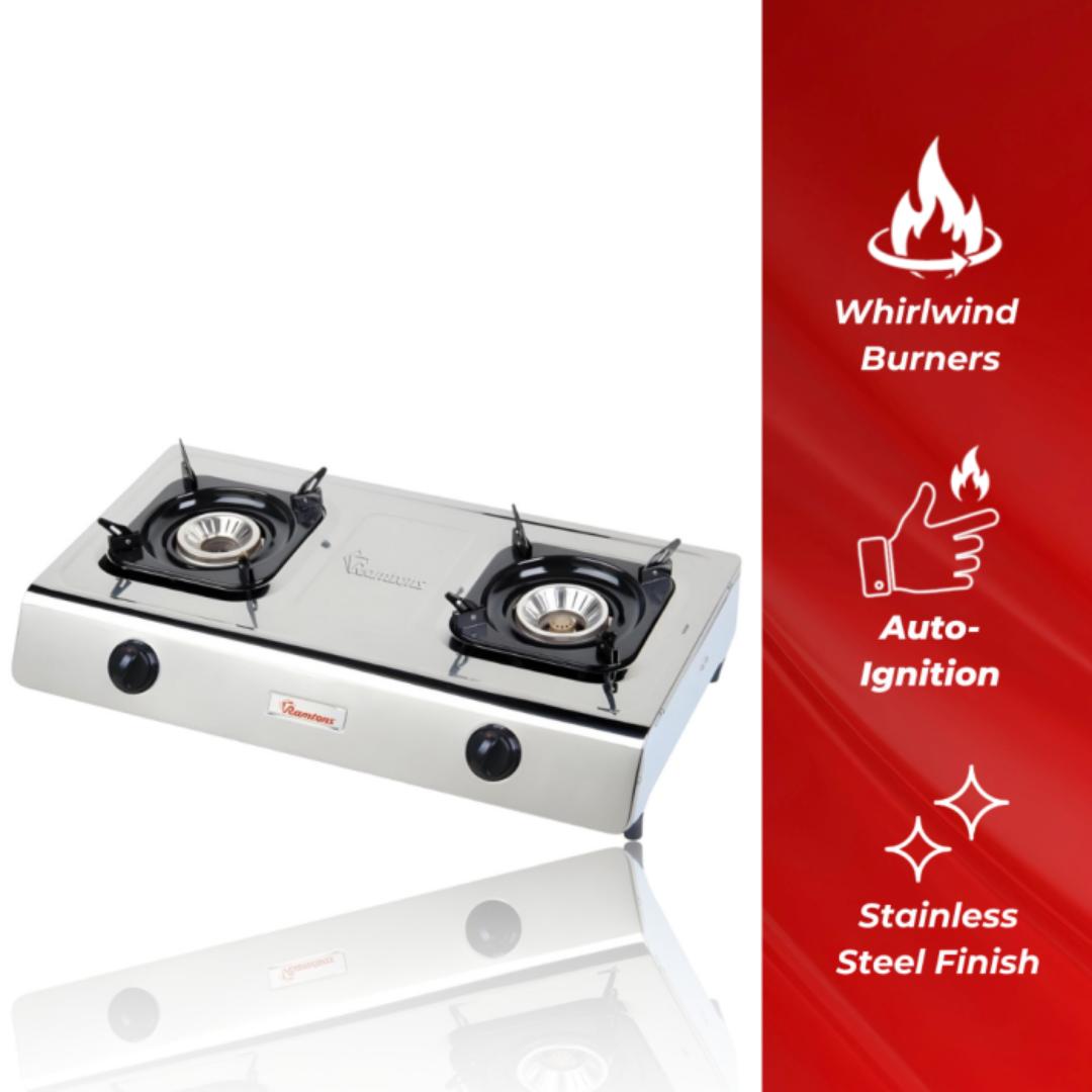 Ramtons RM/518 gas cooker 2 burner table top cooktop stainless steel with Auto ignition Whirlwind burners