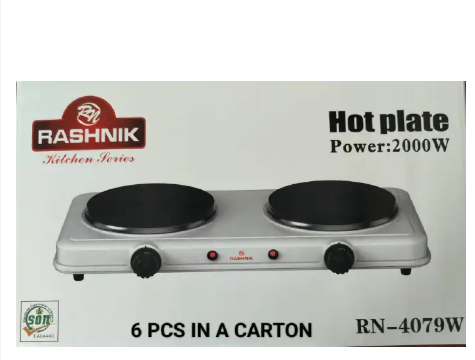 Rashnik Double Hot Plate – Electric Dual Burner Cooker for Fast & Efficient Cooking, Fast heating electric coils for quick and even cooking, Adjustable temperature control knobs.