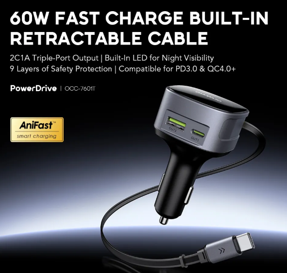 oraimo PowerDrive 60W Fast Charge Car Charger Type-C and USB-A Ports & Type-C Cable Fast Charge  Car Phone Charger