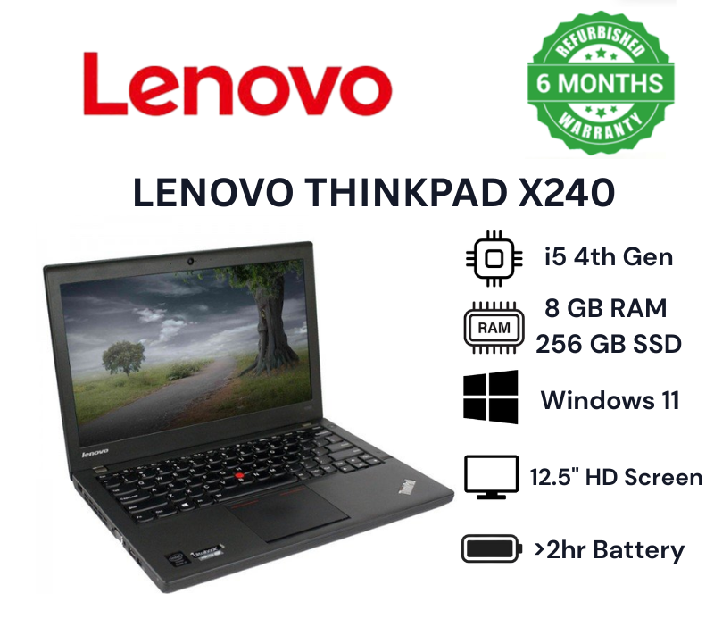 LENOVO ThinkPad X240 Intel Core i5 8GB RAM + 256GB SSD Storage Refurbished Laptop 12.5’’ Inches HD Screen Display Installed Windows 11 Pro Laptops Office Computer