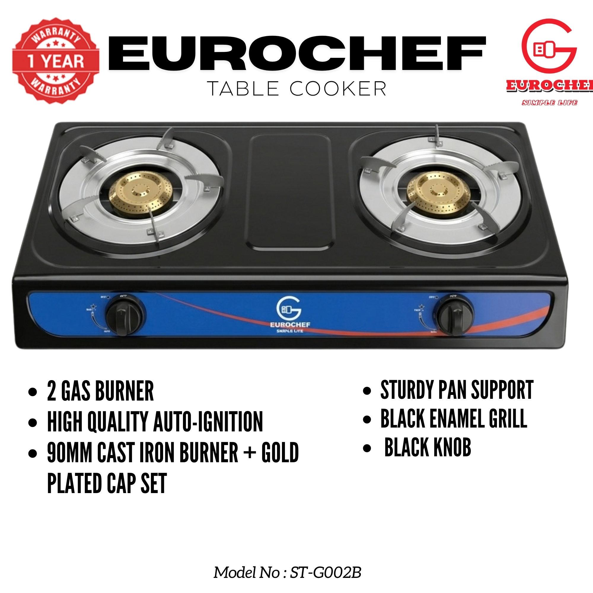 【Limited Offer】 EUROCHEF ST-G002B  Table Top Stainless Steel 2 Burner Kitchen Appliance Cooktop Gas Cooker