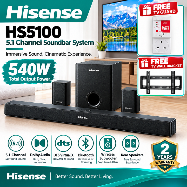 Hisense Soundbar 540 Watts 5.1 Channel HS5100 Sound bar Music system Dolby Audio DTS Virtual X, Bluetooth WIRELESS SUBWOOFER Speaker HisenseHS5100 Soundbar Music System Hisense3.1CH + TV Guard+Bracket