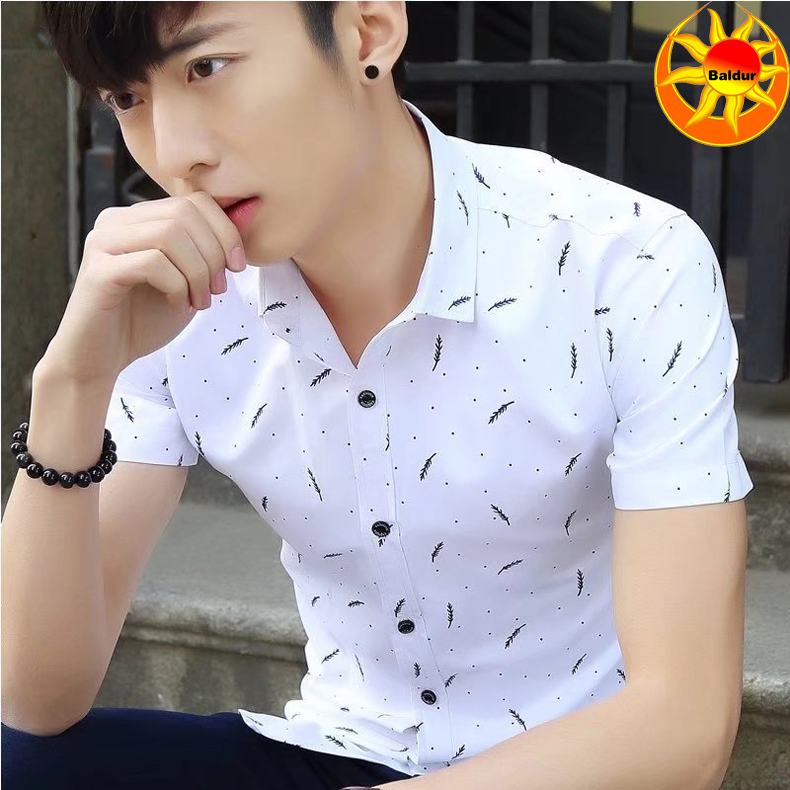Baldur Blue and white are visible Men's Clothes Short sleeve slim fit Shirts Feather Printed Shirts Youth business casual shirt boys Classic square neck Shirts