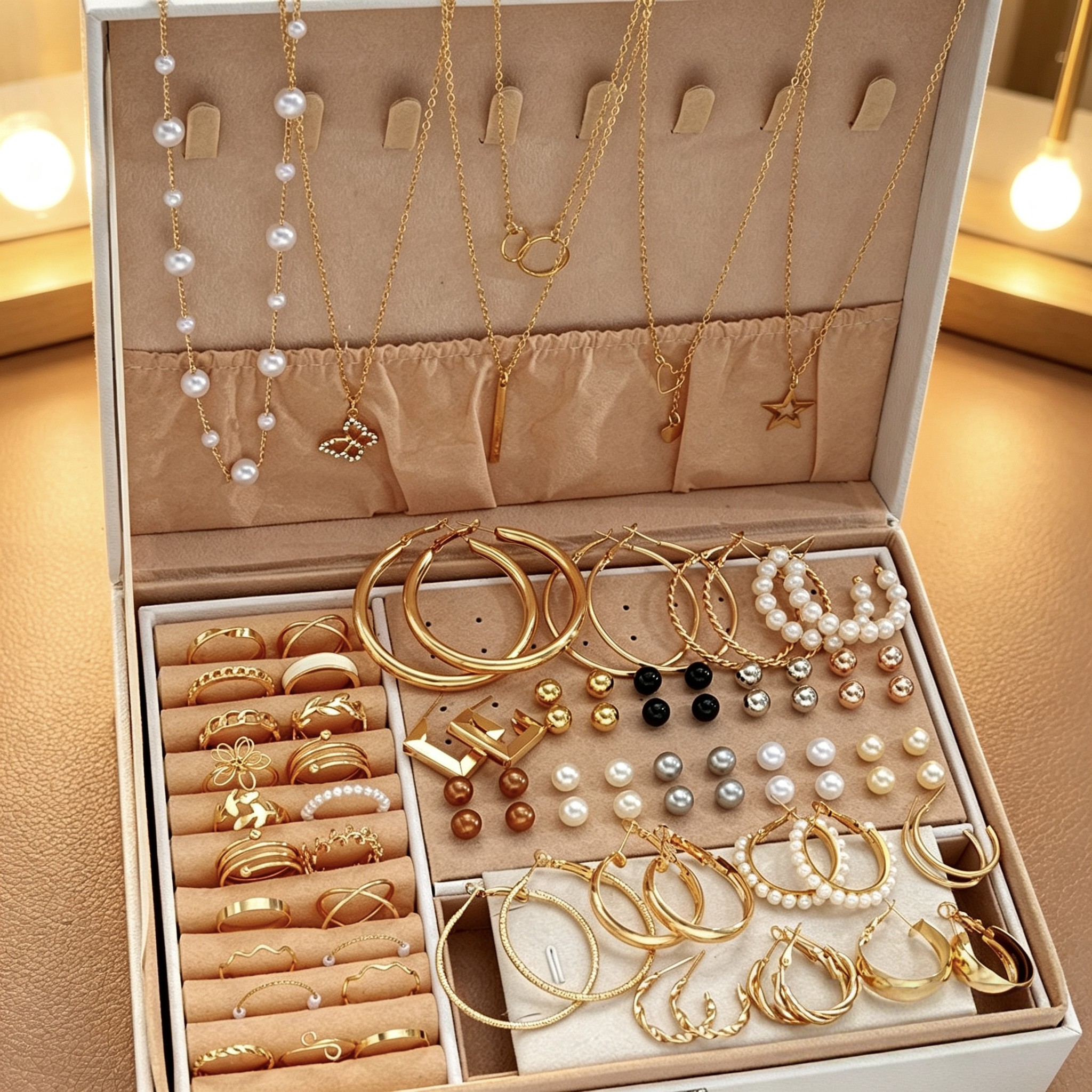 86PCS Luxury Jewelry Set Pearl Necklace Set Fashion Ring And Earring Set Diamond And Pearl Earring Set Elegant Zircon Pendant Earring Necklace Women's Daily Jewelry Gift For Friends(No Box)