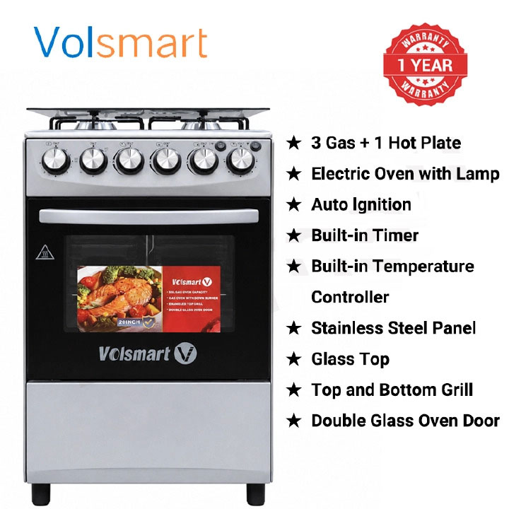VOLSMART 50x55 Gas & Electric Cooker  3 Gas Jet Burners, Electric Hot Plate, Electric Oven, SILVER+FREE GIFTS