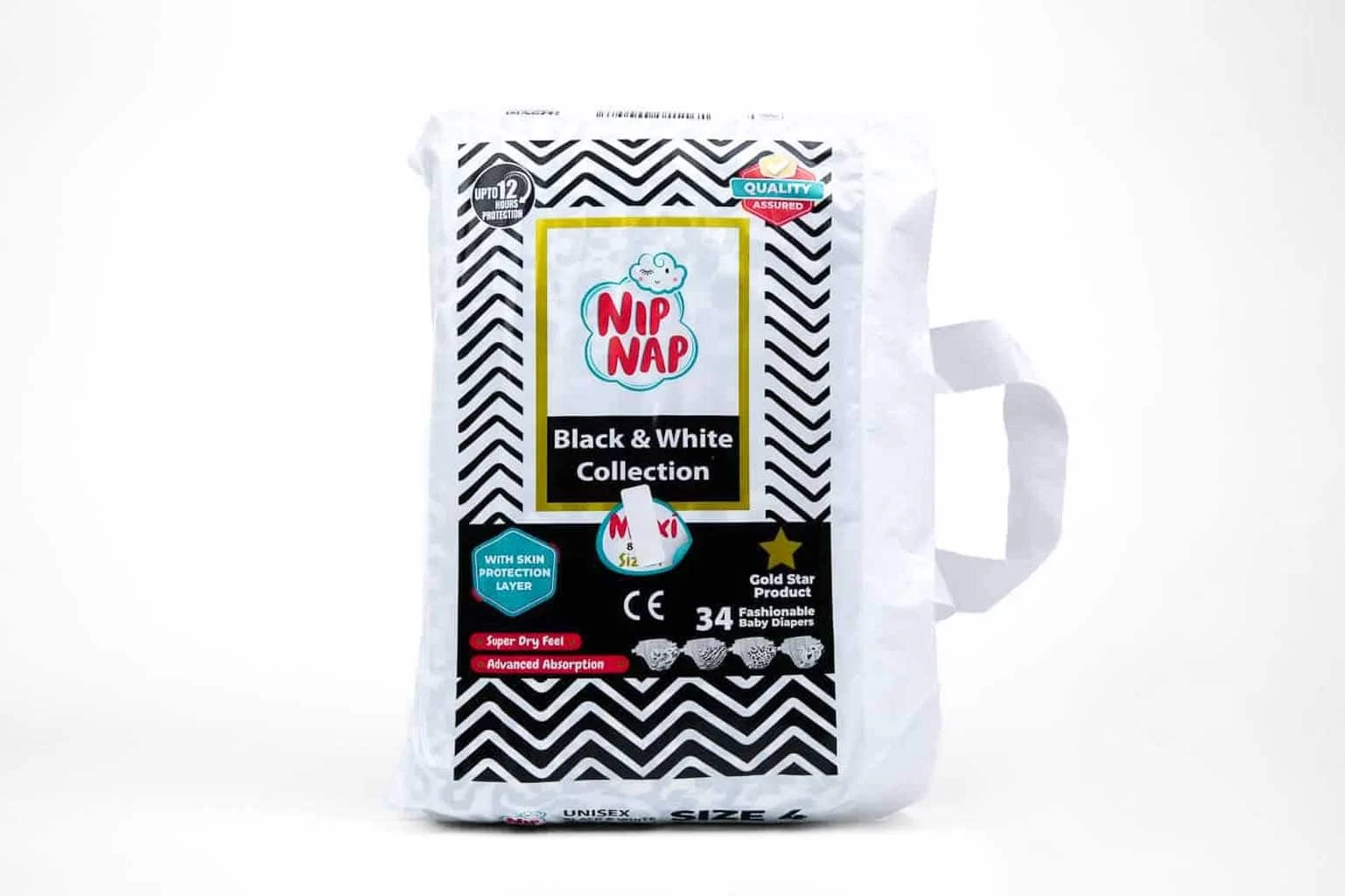 NipNap Black And White Collection – High Count | 8 – 14Kg | Maxi | 34 Pieces