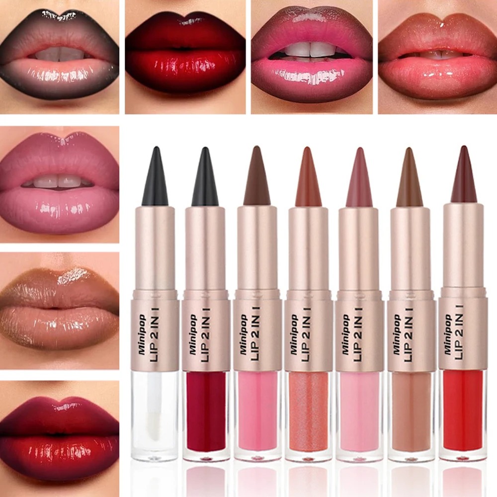 2 in1 Tapered Gradient Mirror Lip Gloss Matte Lip Liner Waterproof Lip Contour Non-Stick Makeup