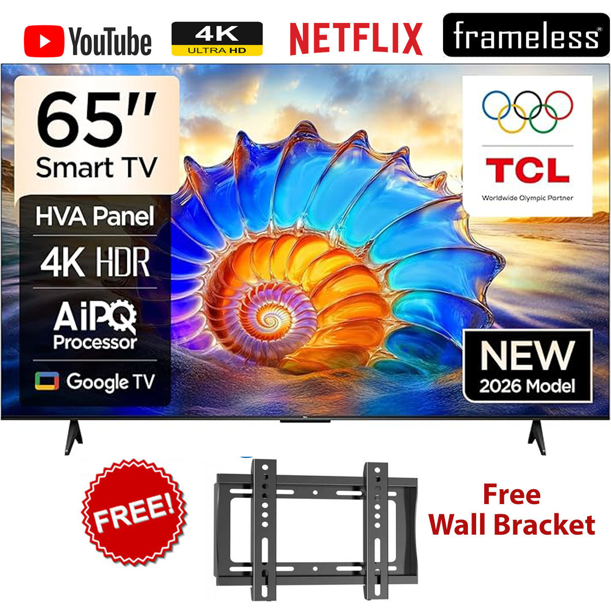 TCL 65" Inch TV 65V6D,4K UHD Smart Google TV, Dolby Vision, HDR10+ Bluetooth, Voice Control,2026 MODEL