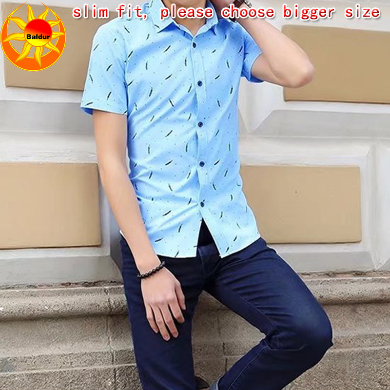 Baldur Blue and white are visible Men's Clothes Short sleeve slim fit Shirts Feather Printed Shirts Youth business casual shirt boys Classic square neck Shirts