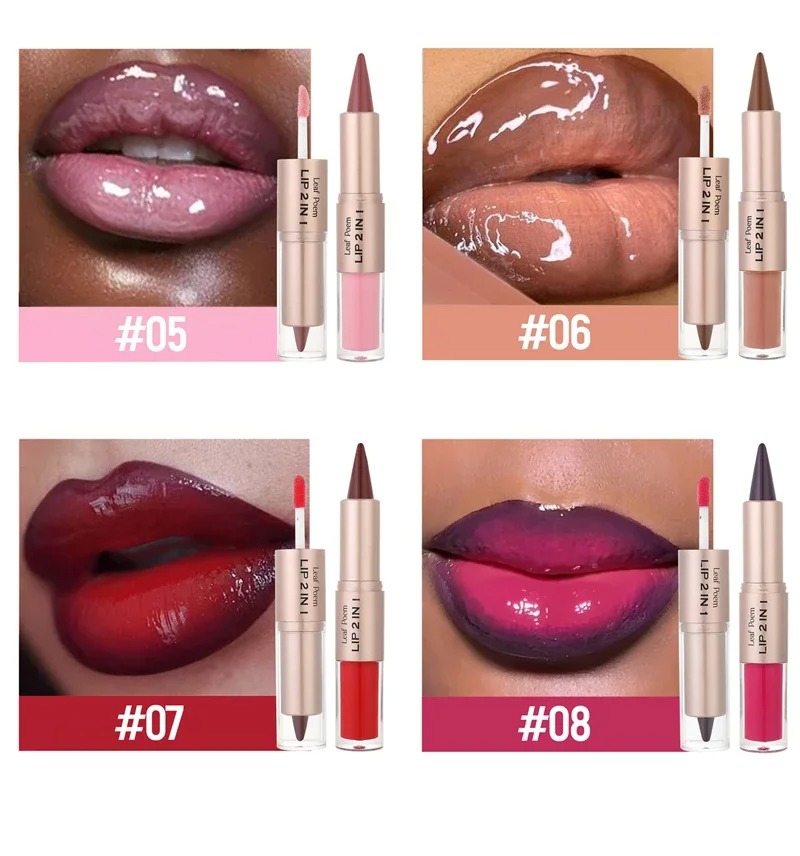 2 in1 Tapered Gradient Mirror Lip Gloss Matte Lip Liner Waterproof Lip Contour Non-Stick Makeup