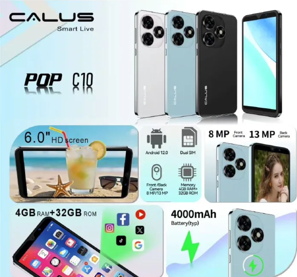 [NEW ARRIVAL] CALUS POP C10 SCREEN 6’’ BATTERY 4000MAH STORAGE 32GB ROM+4GB RAM DUAL SIM CAMERA FRONT:8MP+BACK 13MP FACE UNLOCK ANDROID 12 FACE UNLOCK NEW SMART PHONE ON OFFER 1 YEAR WARRANTY