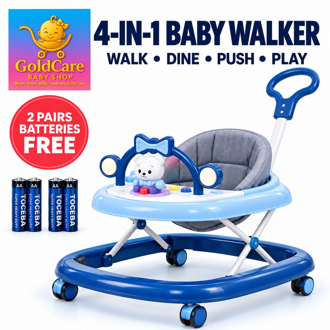 Momeasy 4-in-1 Baby Walker with Push Handle | Adjustable Height, Music & Activity Tray | Converts to Feeding Chair | Safe & Stable Infant Walker+FREE Batteries