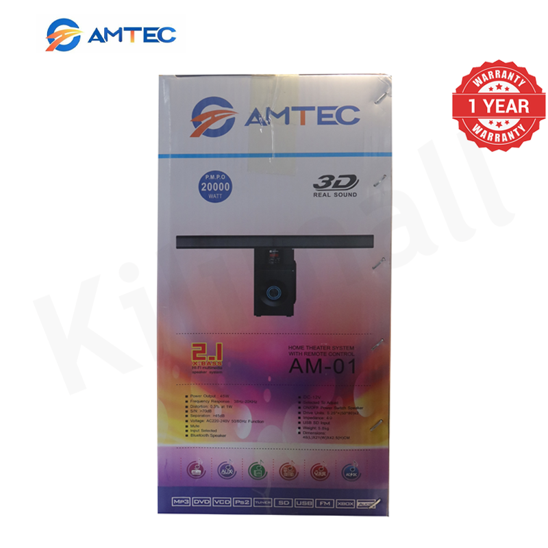 Amtec AM-01 2.1CH Soundbar Home Theater System With 5.25" Extra Bass Subwoofer,3D Sound, Bluetooth, FM, USB/SD, Woofer Speaker System With 45W RMS 20000W PMPO