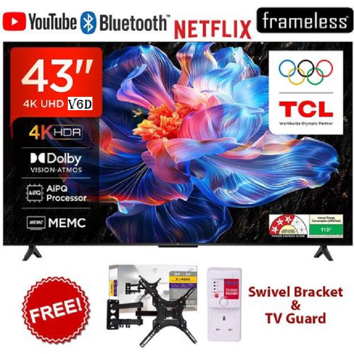 TCL 43" Inch Smart Android TV GOOGLE AI TV 4K Ultra HD TV 43V6D 2026 MODEL Direct LED TV HDR10 Bluetooth TV WIFI NETFLIXYOUTUBE APPSTORE DOLBY PRIME VIDEO ICAST TCL43 TCL TV+FREE TVGUARD+TILT BRACKET