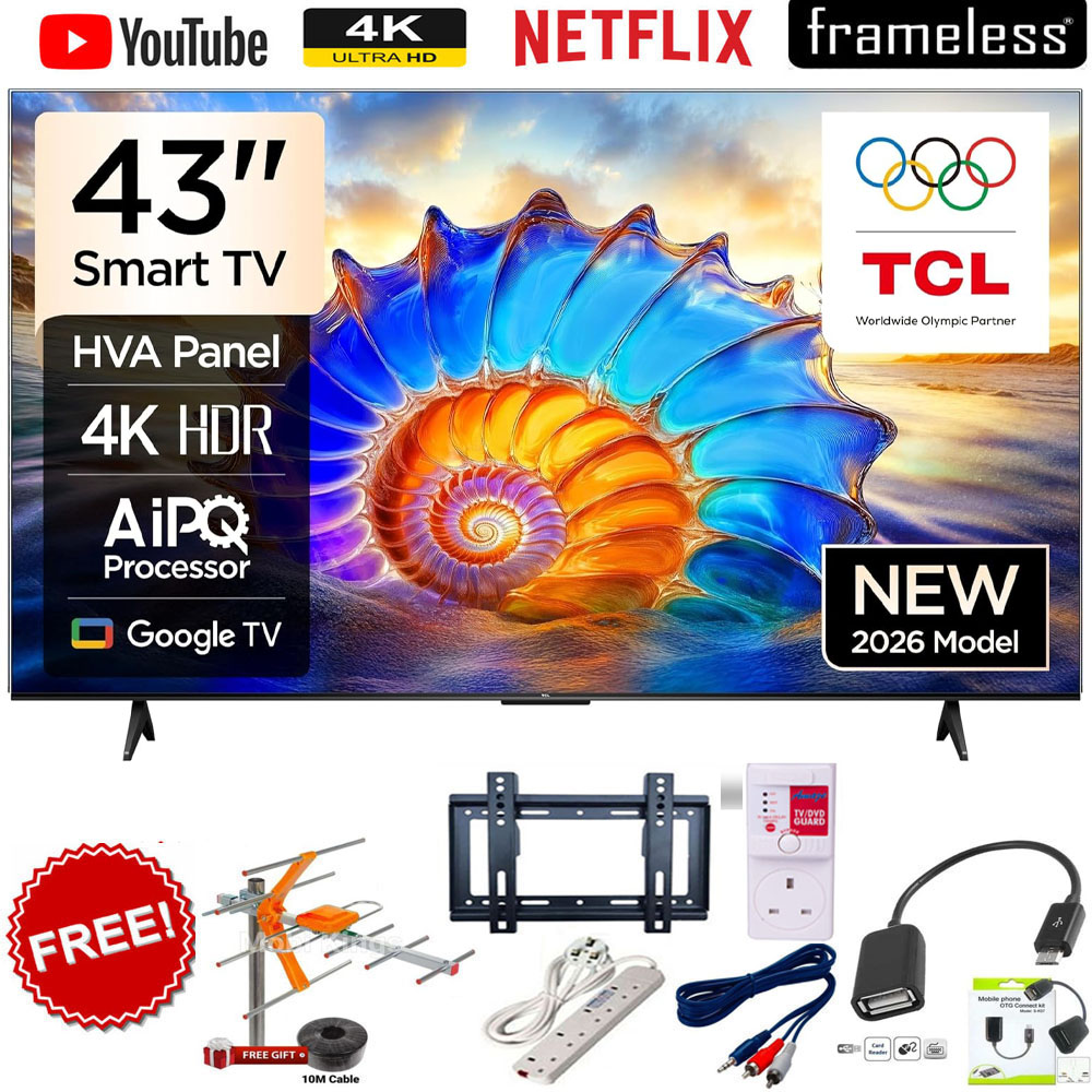 TCL 43V6D 43" Inch 4K UHD Smart Google AI TV Direct LED Android Television with HDR10 Display, Built-In WiFi, Bluetooth, Netflix, YouTube, Dolby Audio+FREE 6 ACCESSORIES