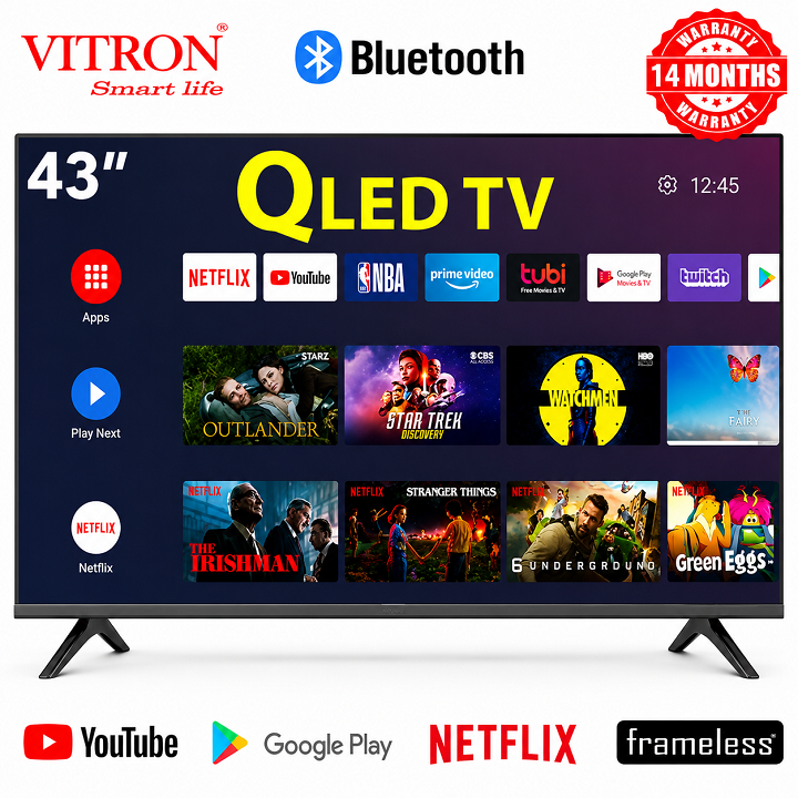 VITRON 43 INCH Smart Android TV QLED FHD TV BLUETOOTH HTC4300QFS FRAMELESS TELEVISION NETFLIX YOUTUBE BUILTIN WIFI APPSTORE 1GB RAM 8GBROM 2USB 3HDMI PORTS Vitron43 VITRON TV+6 EXTRA ACCESSORIES