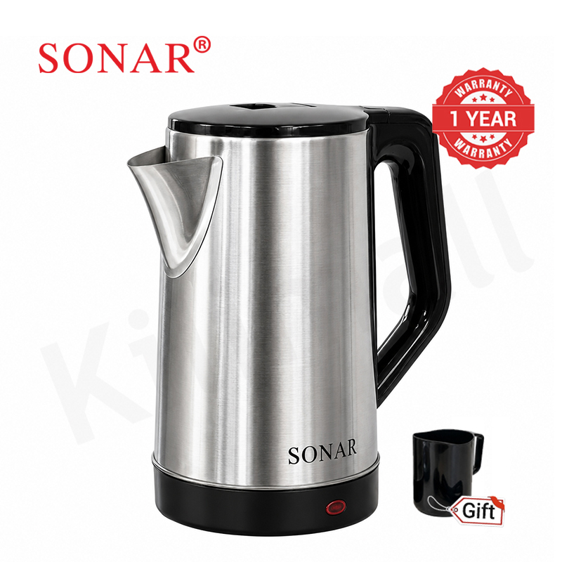 Sonar 2L 1500W Stainless Steel Electric Kettle with 1.25M Fused Power Cord Energy Efficient Heater Jug Cordless Electric Kettle SR-X2