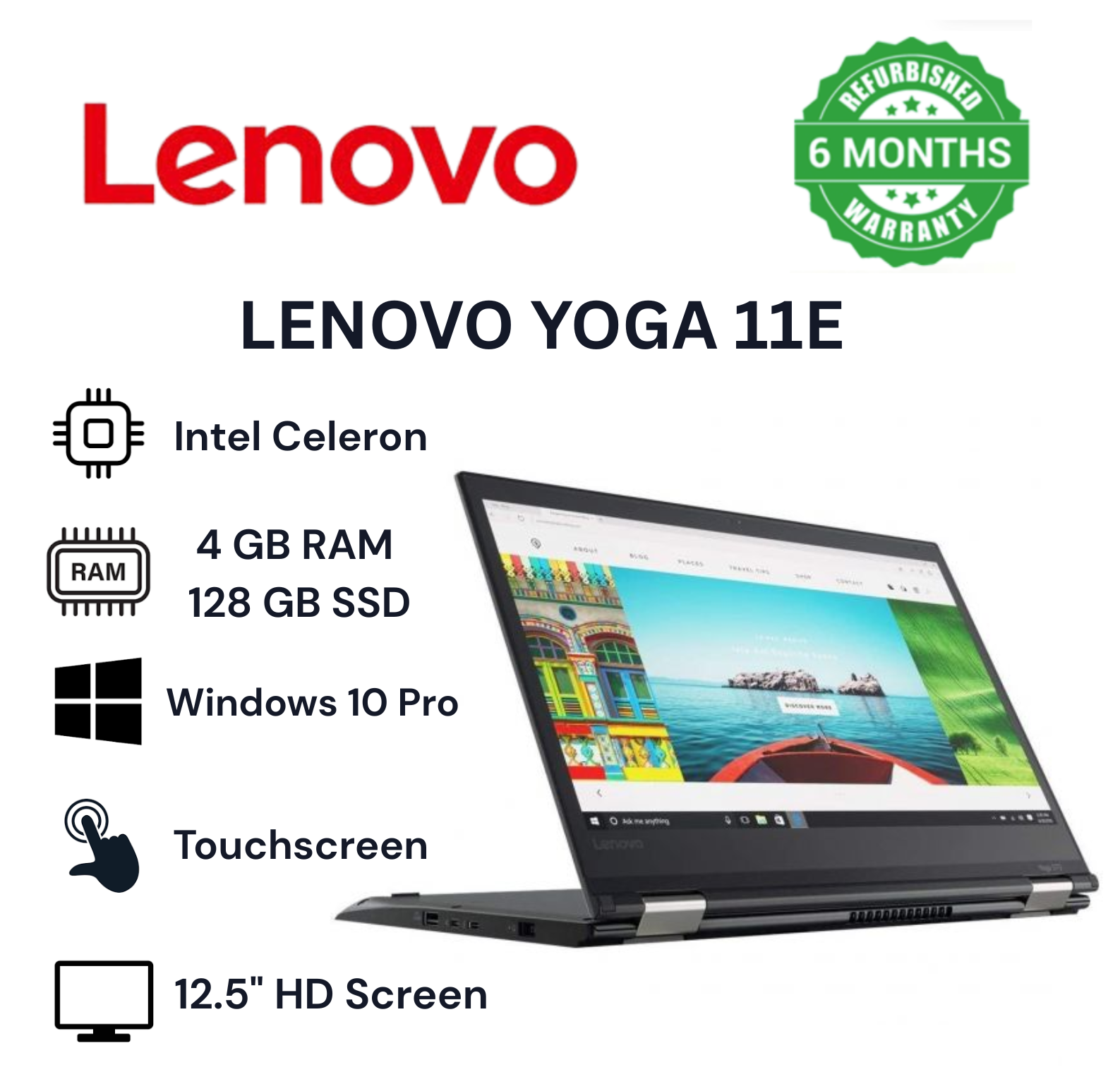 Refurbished Lenovo ThinkPad Yoga 11e X360 2-in-1 laptop Intel Celeron 1.3GHz 8GB RAM 128GB SSD 13.3 inch Full HD Touch Screen Display Ultra-Light Windows 10 Pro HDMI USB Ethernet ports