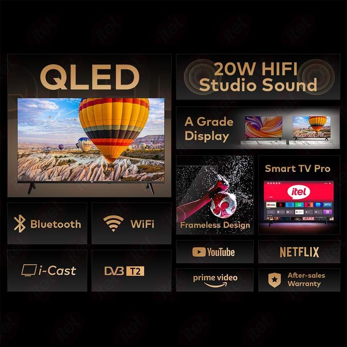 Itel 43 Inch QLED Smart TV Full HD, WiFi, Bluetooth, Frameless Display, Netflix, YouTube, Prime Video, Built-in Decoder, HDR Picture Quality, Energy Saving Television ANDROID 16 SMART TV