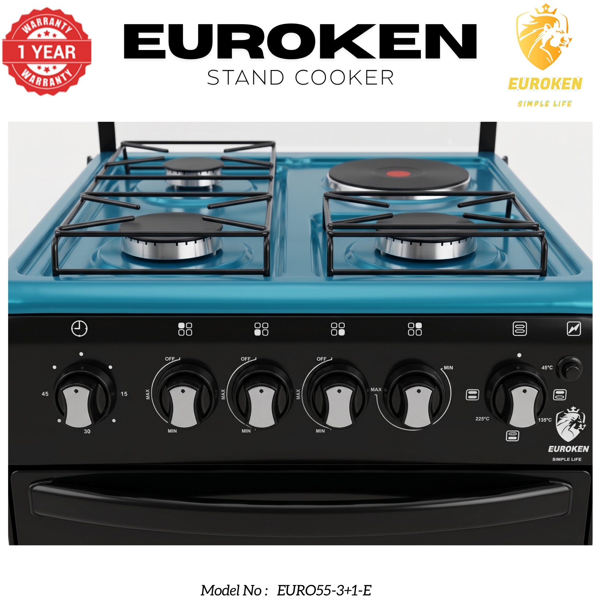 【LIMITED OFFER】 Euroken Euro55-3G1E-E  50L Home Improvement   Free Standing  Gas Cooker 3 GAS +1 Hot plate Kitchen Appliance with electric oven - 50X55CM