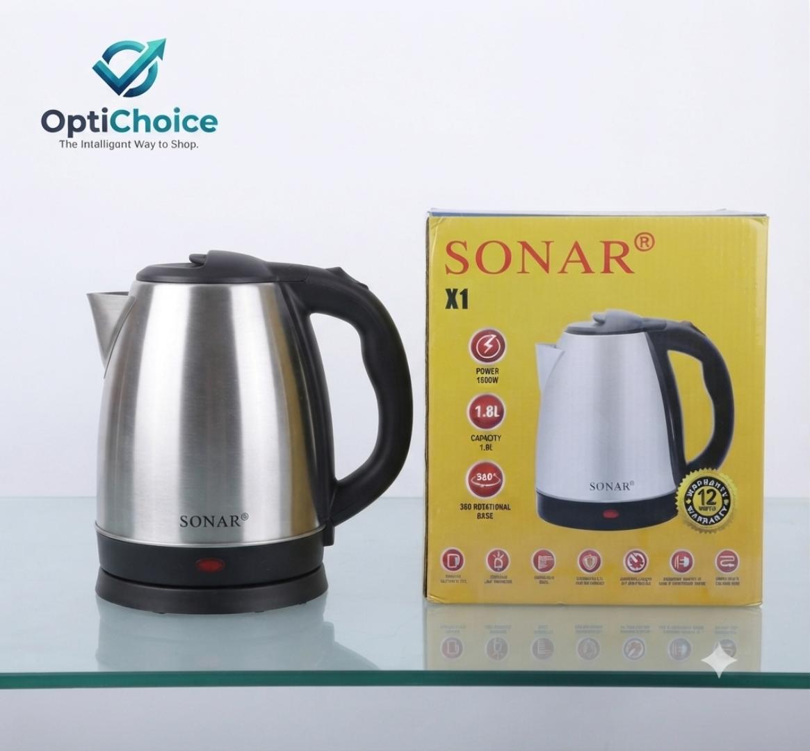 Sonar X1 1.8L Electric Kettle 1500W – Stainless Steel Fast Boil Water Kettle with Auto Shut-Off & 360° Rotational Base